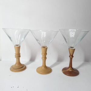 3 Turned Wood Stem Martini Glasses Signed Handmade Wooden